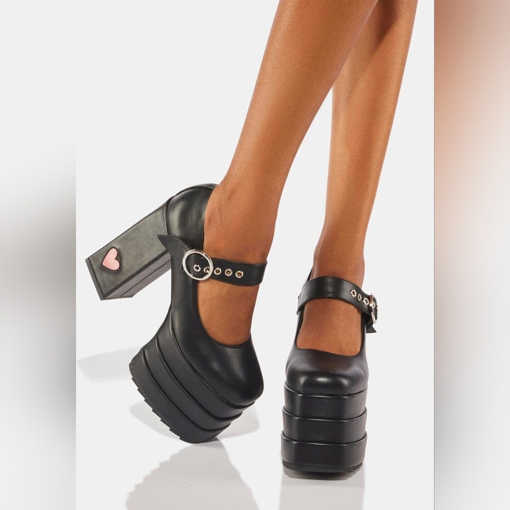 Platform Mary Jane Heels in Black with Pink Heart Accent - Picture 3 of 4